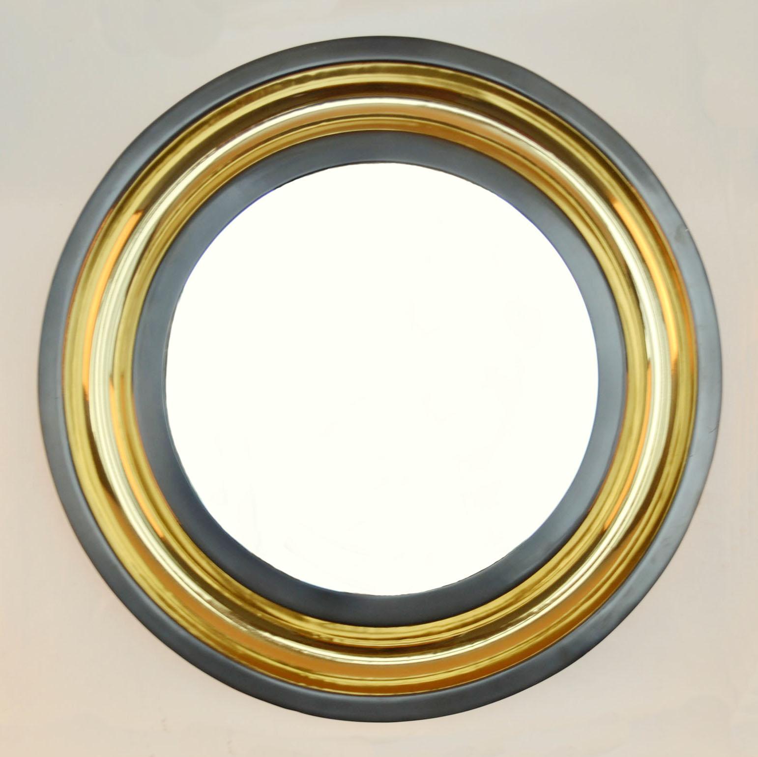 Contemporary Pair of Round Wall Mirrors Patinated with Bronze Finish