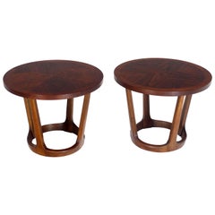 Pair of Round Walnut End Tables Stands on Tapered Bases