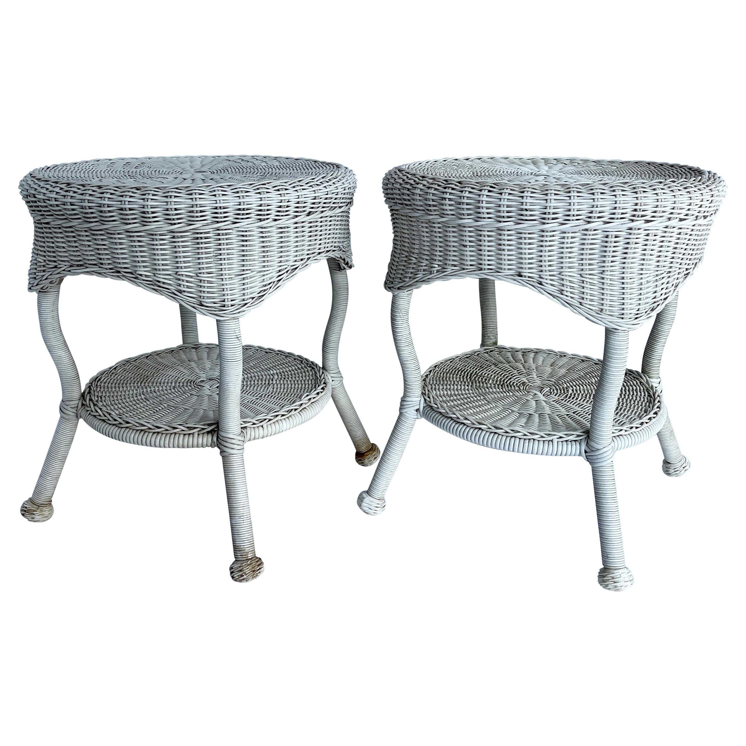 Late 20th Century Pair of White Faux Wicker Side Tables