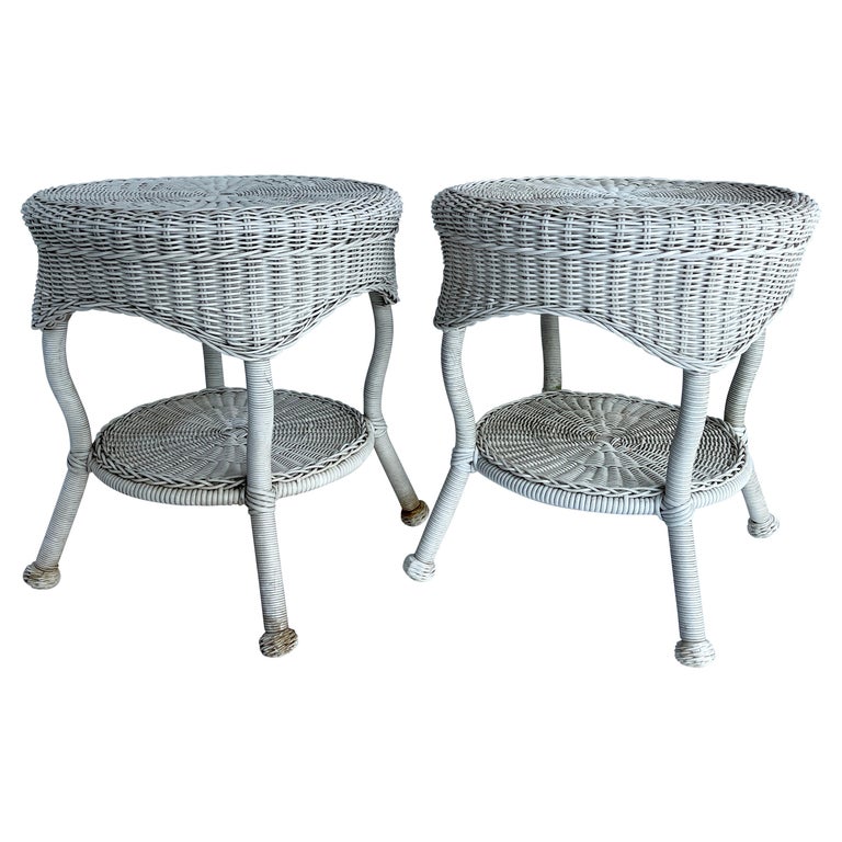 Pair of White Faux Wicker Side Tables For Sale at 1stDibs