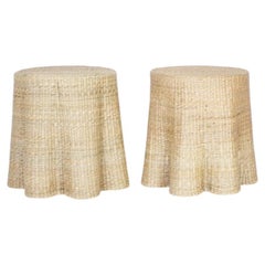 Pair of Round Wicker Drapery Ghost Tables or Stands