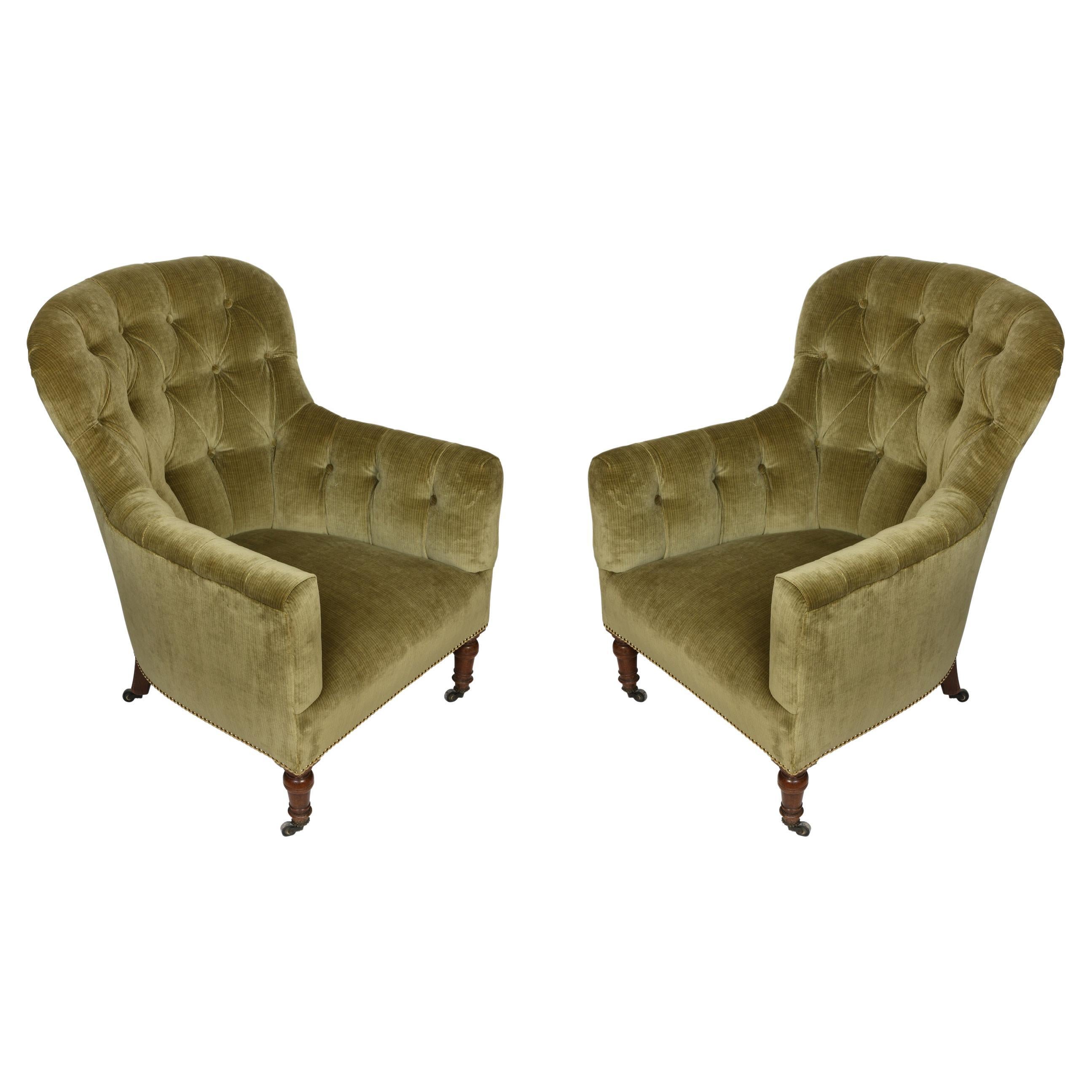 Pair of Rounded Back Tufted Club Chairs Newly Reupholstered in Green Velvet