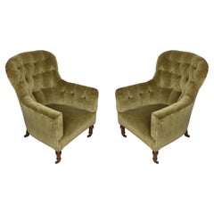 Pair of Rounded Back Tufted Club Chairs Newly Reupholstered in Green Velvet
