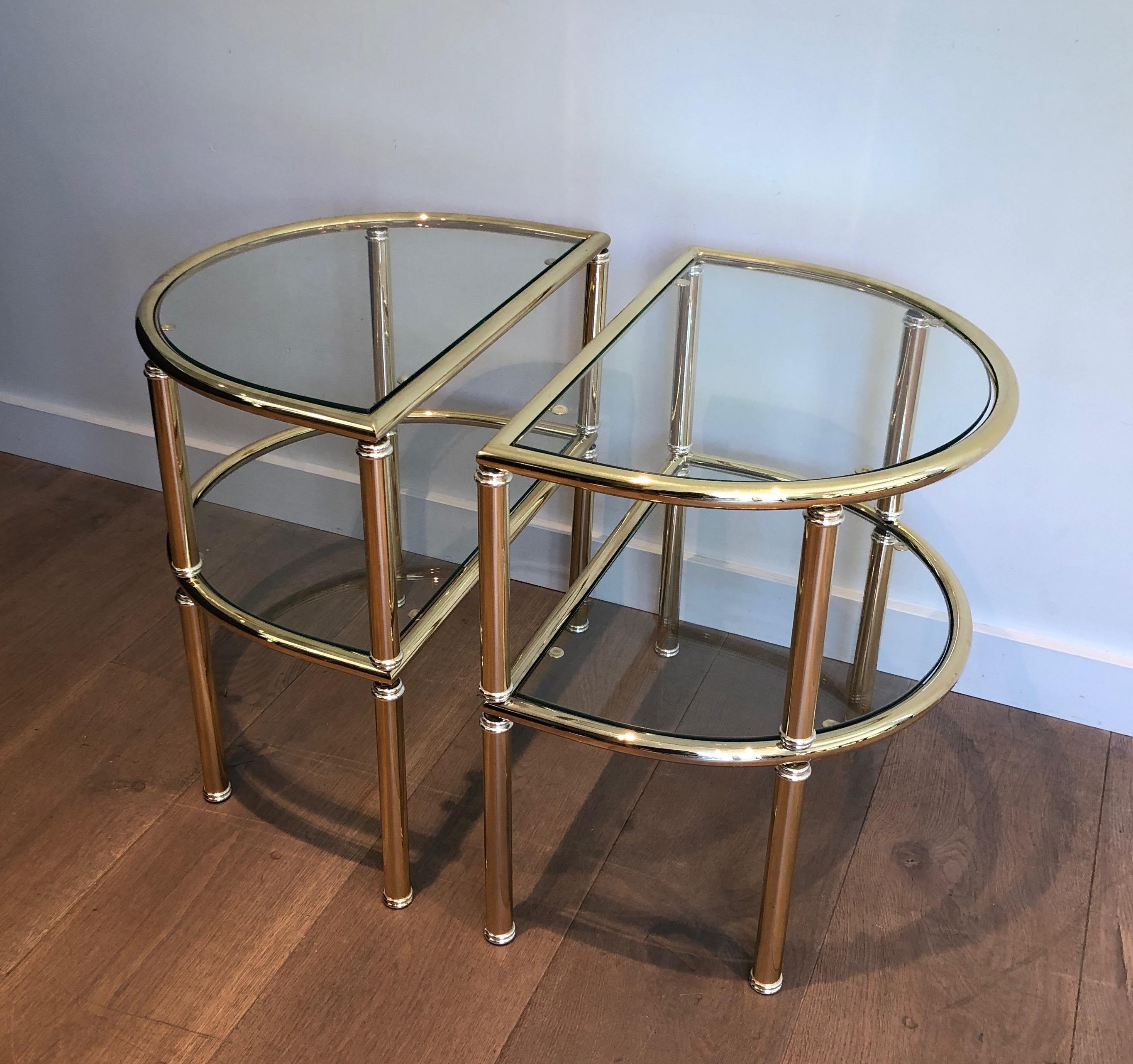 French Pair of Rounded Brass and Silvered Side Tables For Sale