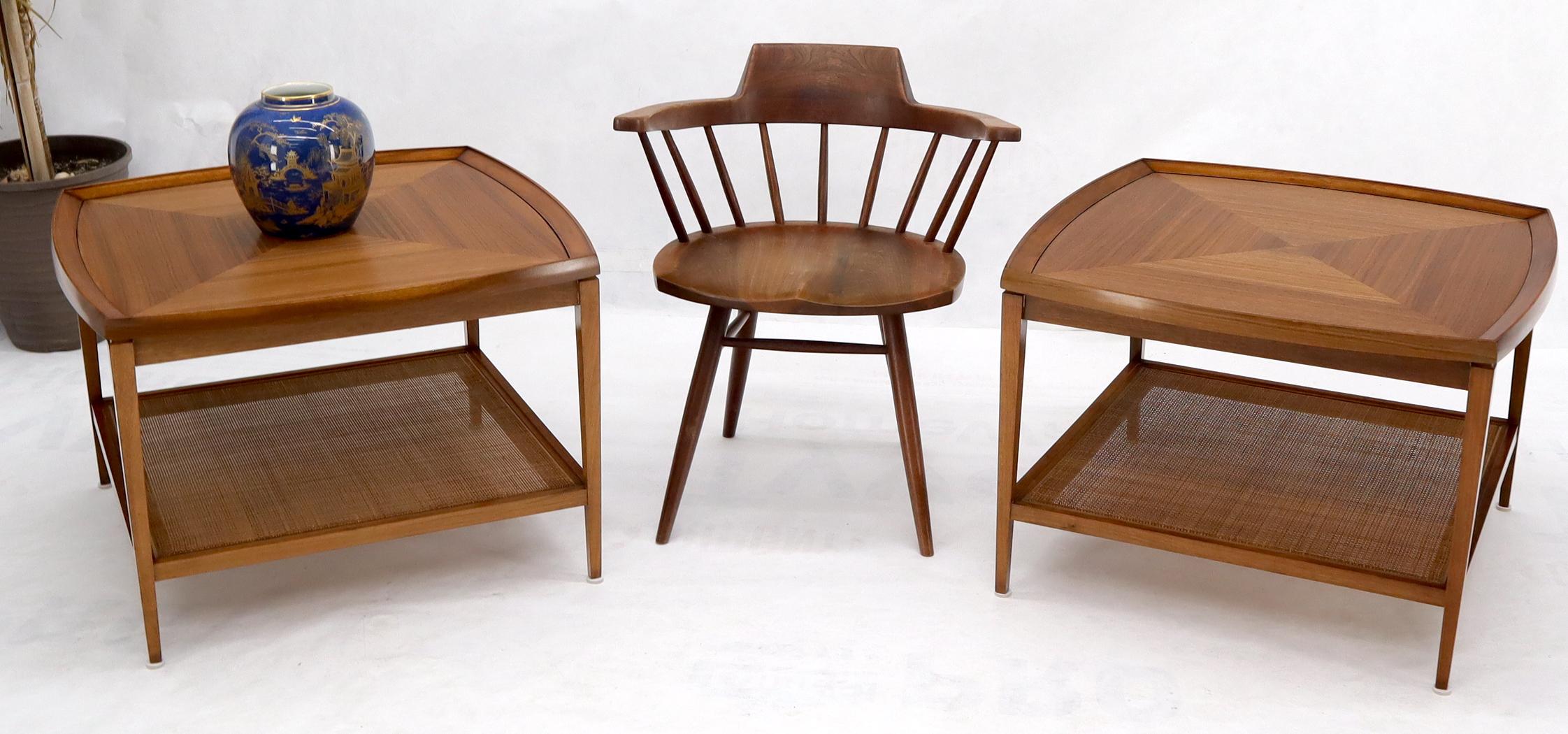 Pair of very nice walnut wood pattern Mid-Century Modern two tier end tables stands with cane shelf.