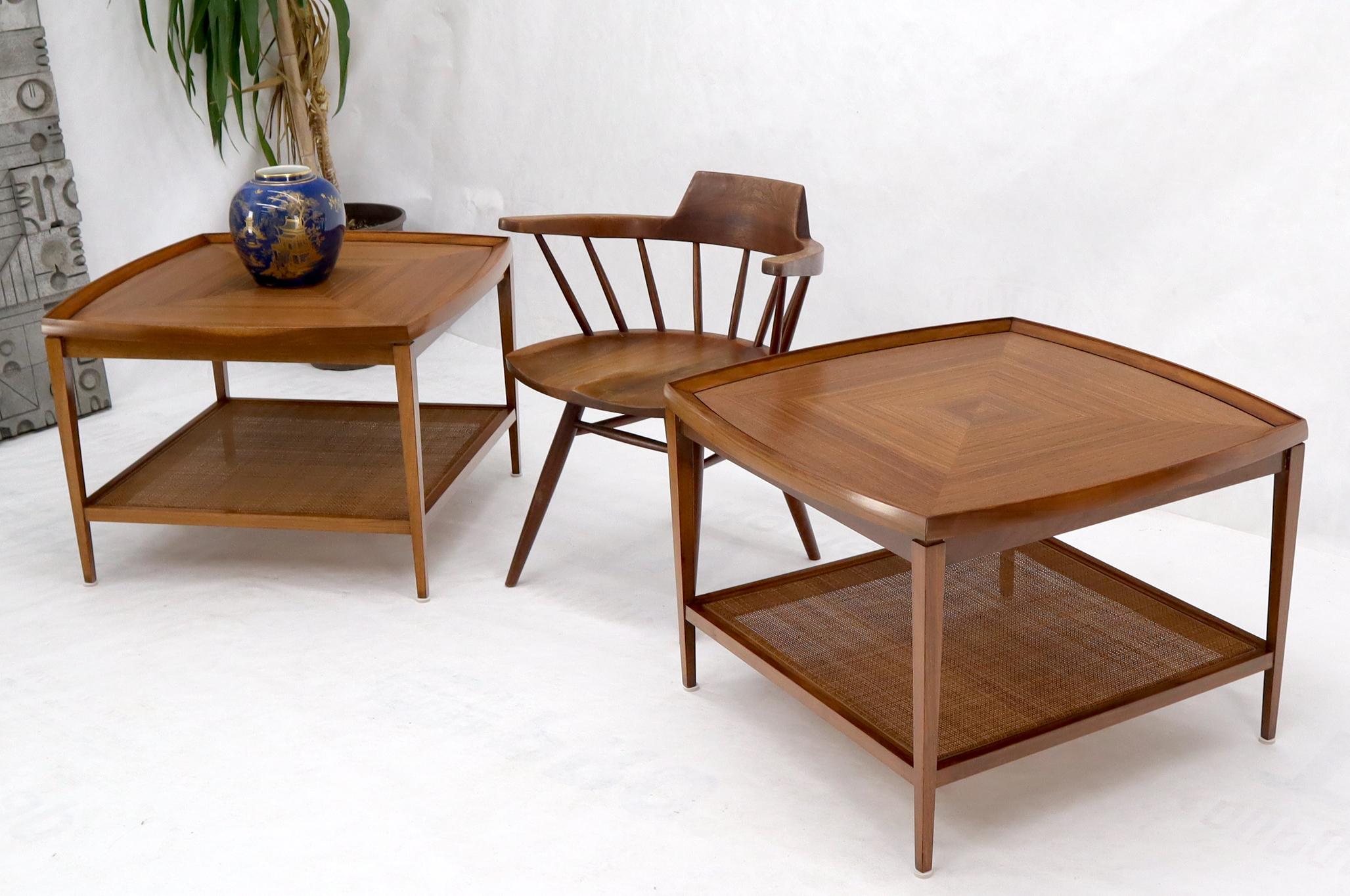Mid-Century Modern Pair of Rounded Square Shape Two Tier Walnut End Lamp Side Tables Stands