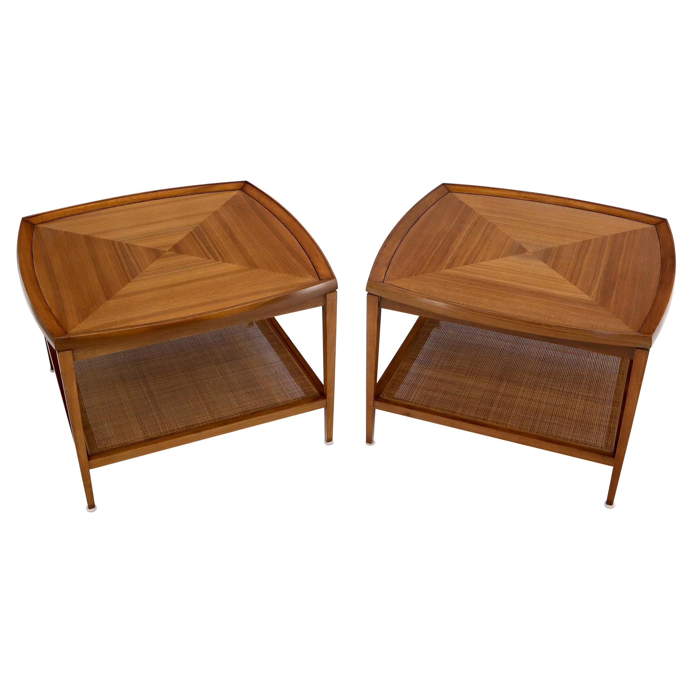 Pair of Rounded Square Shape Two Tier Walnut End Lamp Side Tables Stands