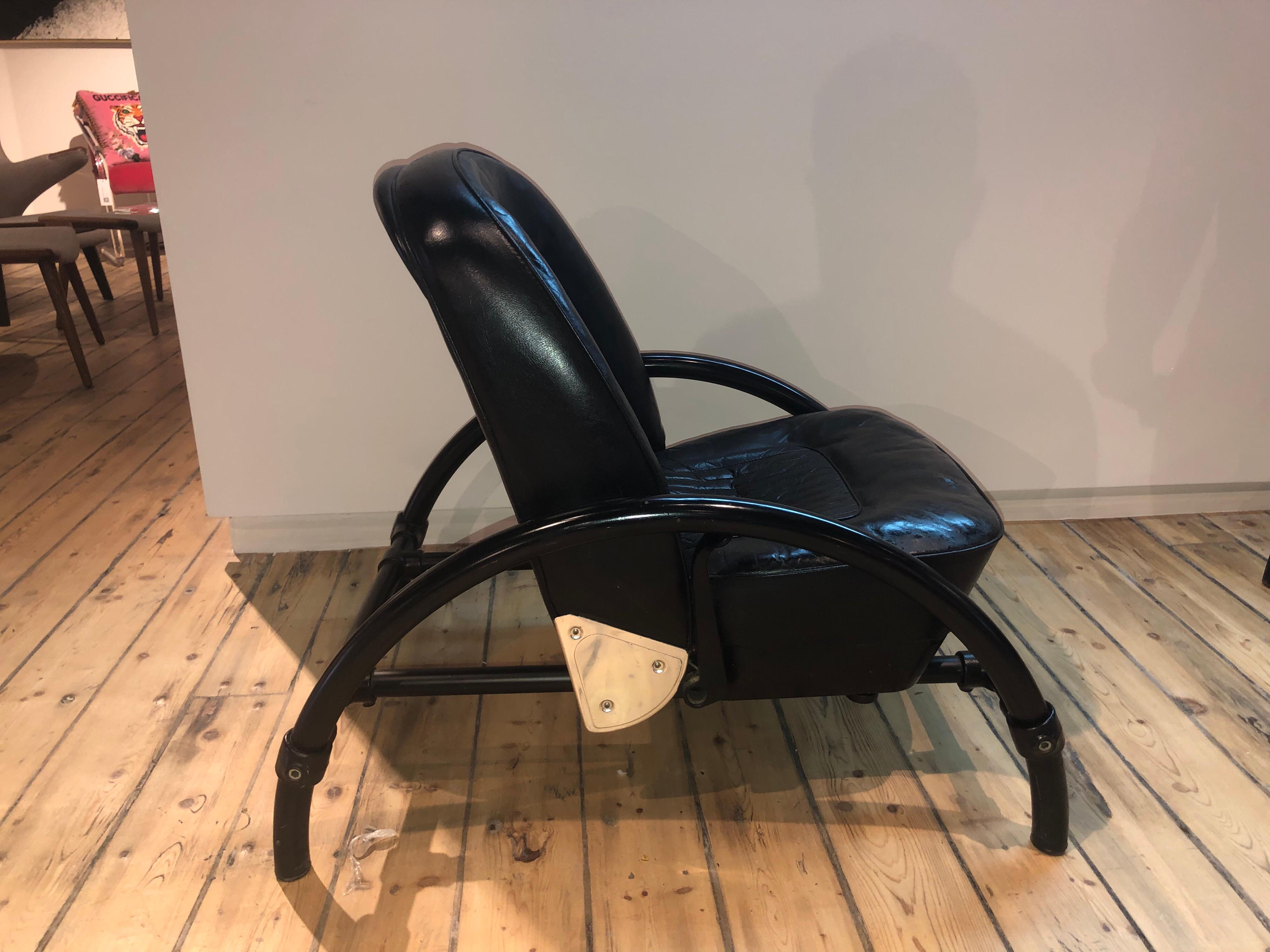 completely original pair of Rover chairs by Ron Arad, 1st edition, One Off LTD.
Recline and one chair has a removable headrest (not pictured)
Leather was professionally preserved. 
This chair was Arad's first commercial design and success, it