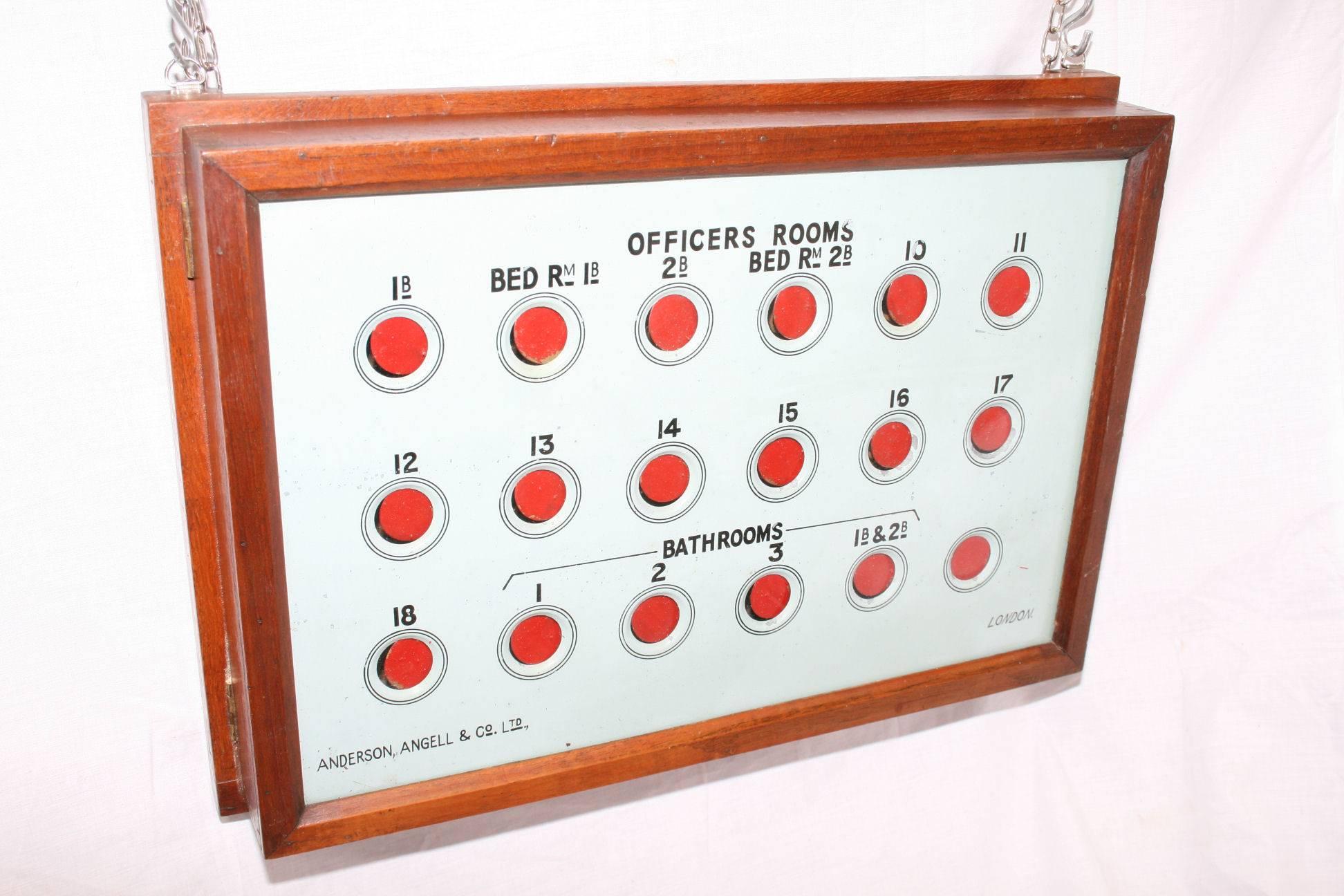 A rare pair of original Royal Air Force officers butlers servants bell box room Indicators dating back to the 1930s.
Made by Anderson, Angell and co Ltd, London, England. 
There are a total of 18 room indicator windows on each box, with three pull