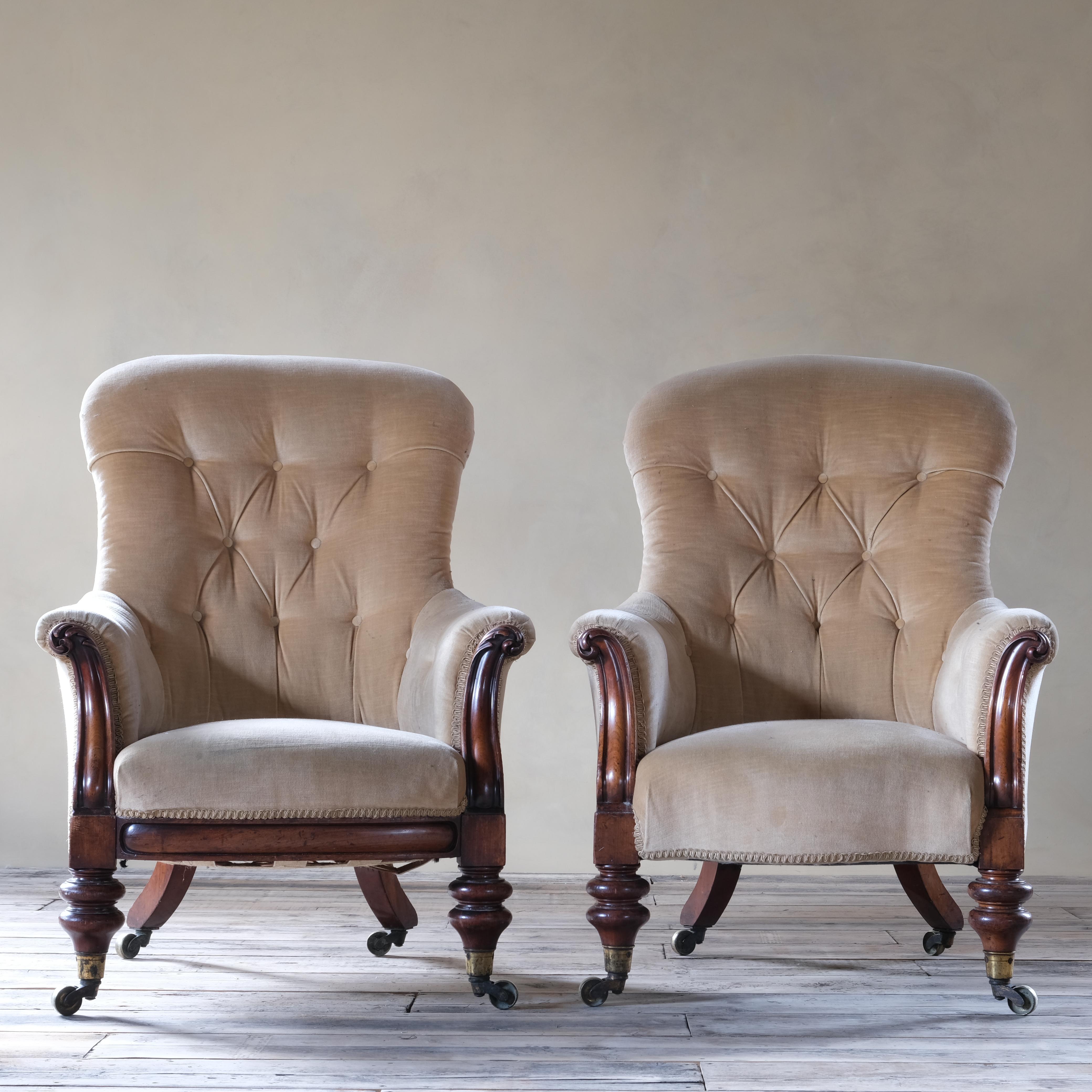 Victorian Pair of Royal Attributed Johnstone & Jeanes Walnut Library Armchairs C1850