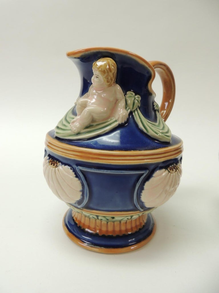 Pair of Royal Blue Ceramic Vintage Majolica Style Water Jugs For Sale at 1stdibs
