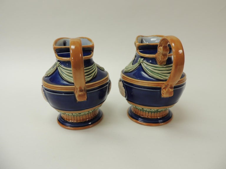 Pair of Royal Blue Ceramic Vintage Majolica Style Water Jugs For Sale