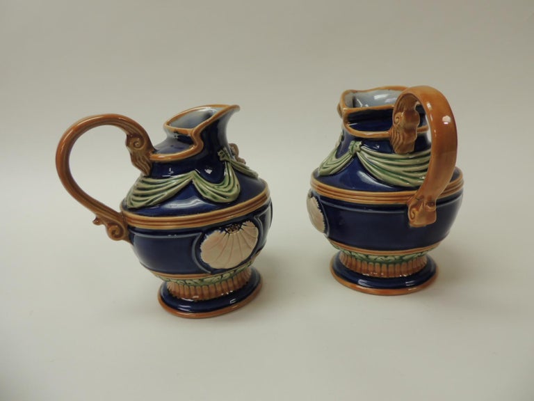 Pair of Royal Blue Ceramic Vintage Majolica Water Jugs For Sale at