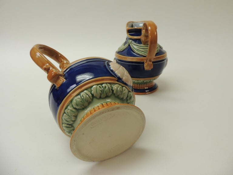 Pair of Royal Blue Ceramic Vintage Majolica Style Water Jugs For Sale