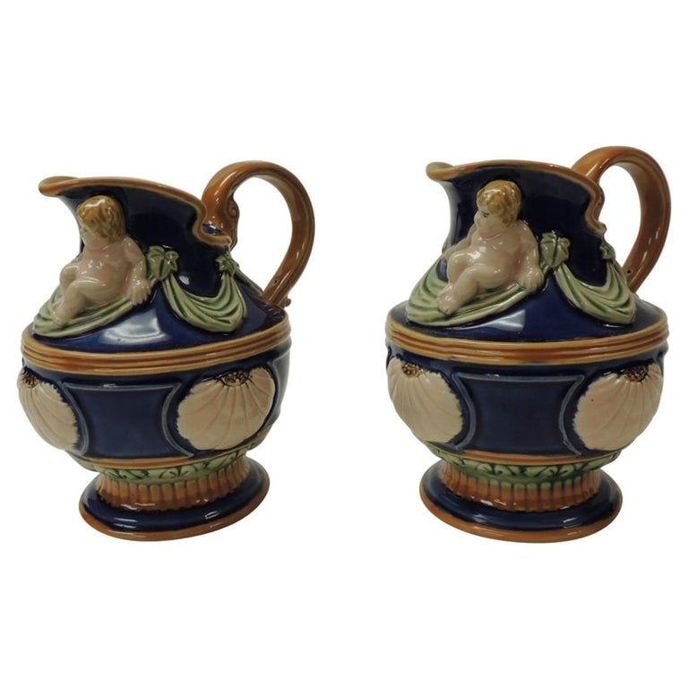 Pair of Royal Blue Ceramic Vintage Majolica Style Water Jugs For Sale