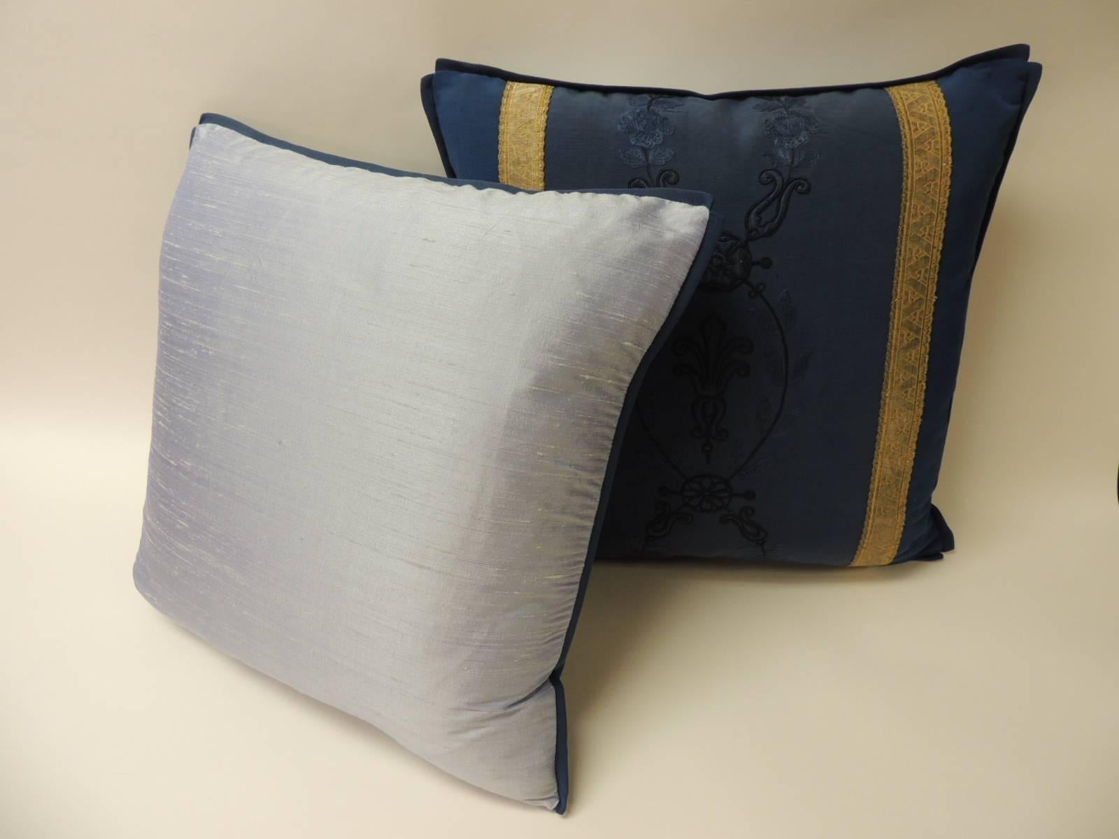 Regency Pair of Royal Blue Embroidery Antique Textile Decorative Pillows