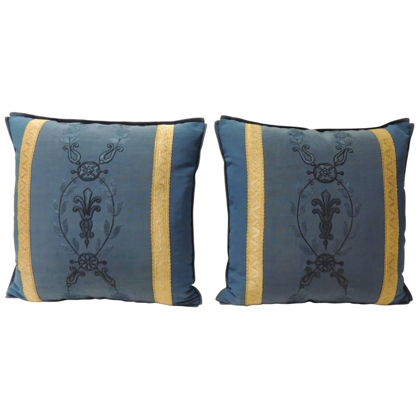 Pair of Royal Blue Embroidery Antique Textile Decorative Pillows