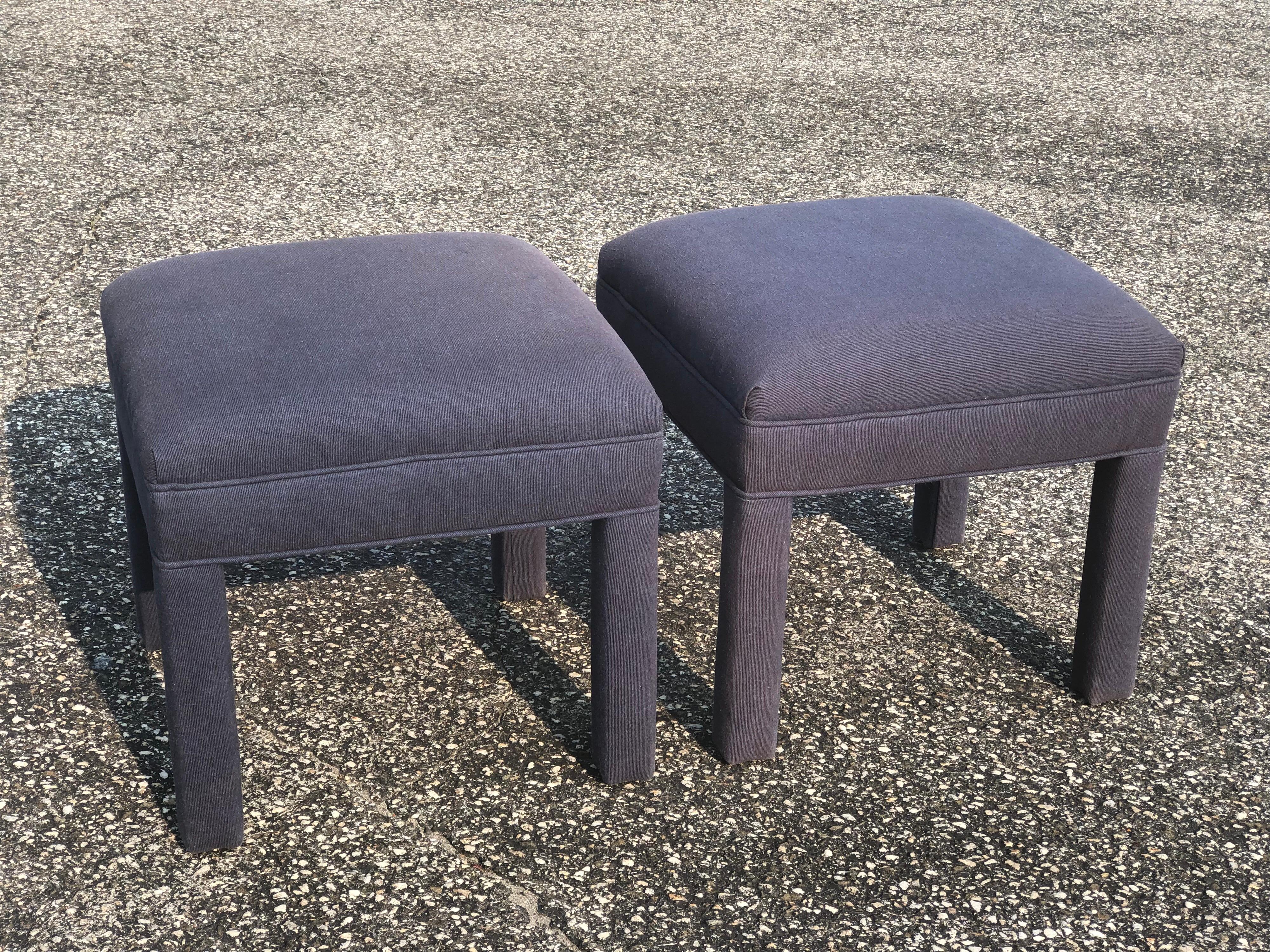 Pair of Royal blue upholstered ottomans in the parsons style. Simple Minimalist style. Perfect for under a console.