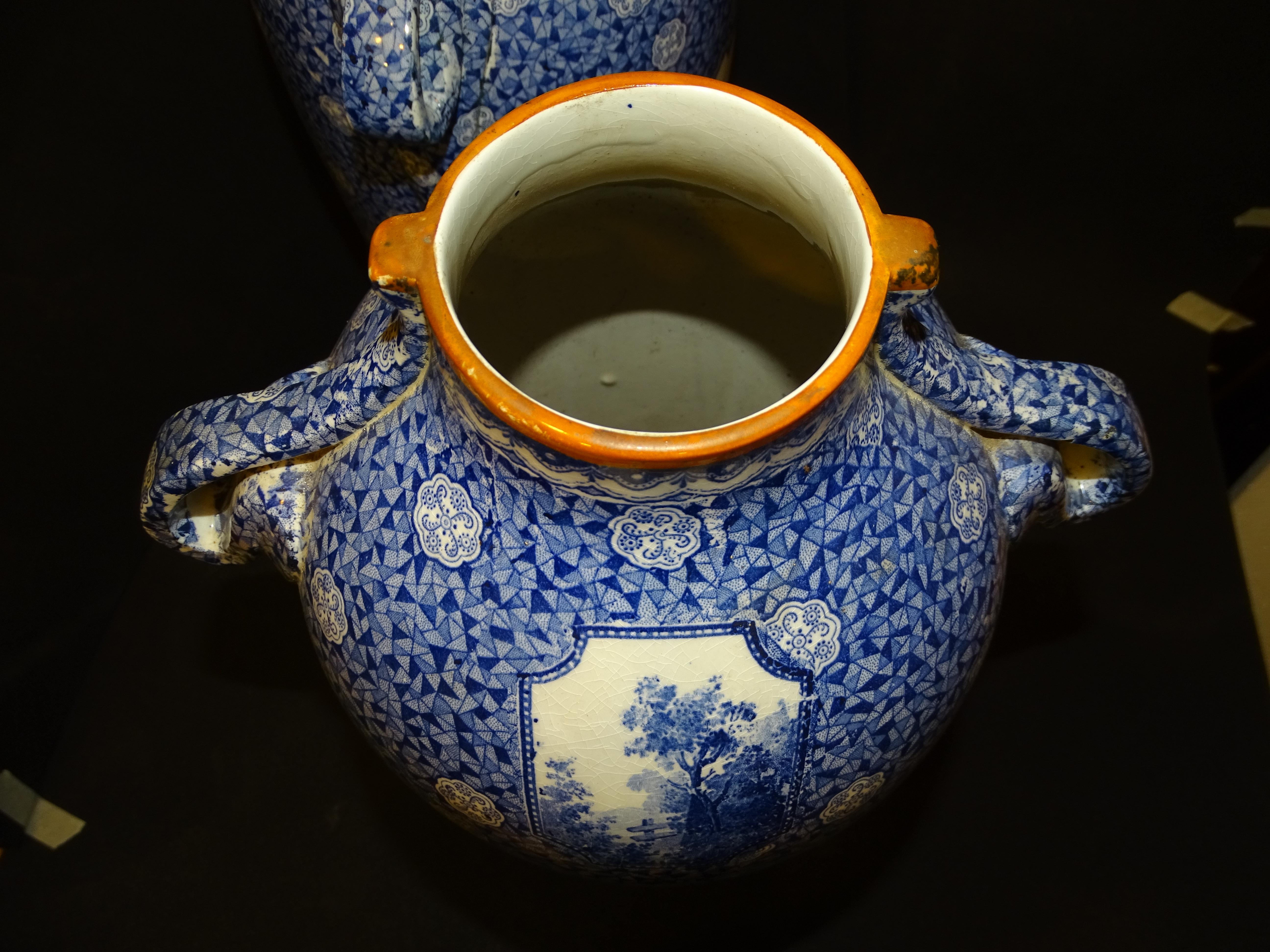 German Pair of Royal Bon Ceramic Bluewhite Vases, by Fran Anton Mehlem