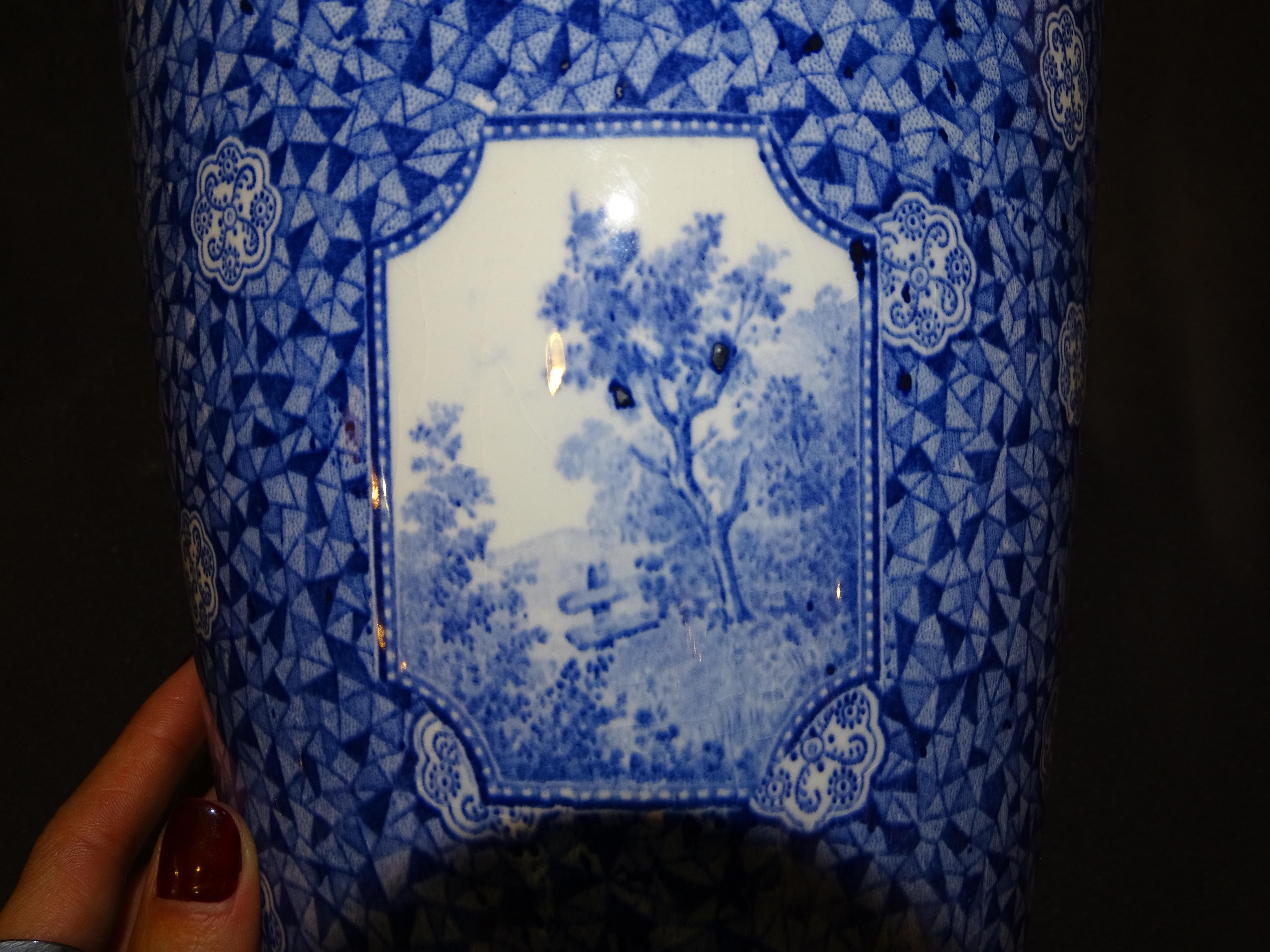 Early 20th Century Pair of Royal Bon Ceramic Bluewhite Vases, by Fran Anton Mehlem