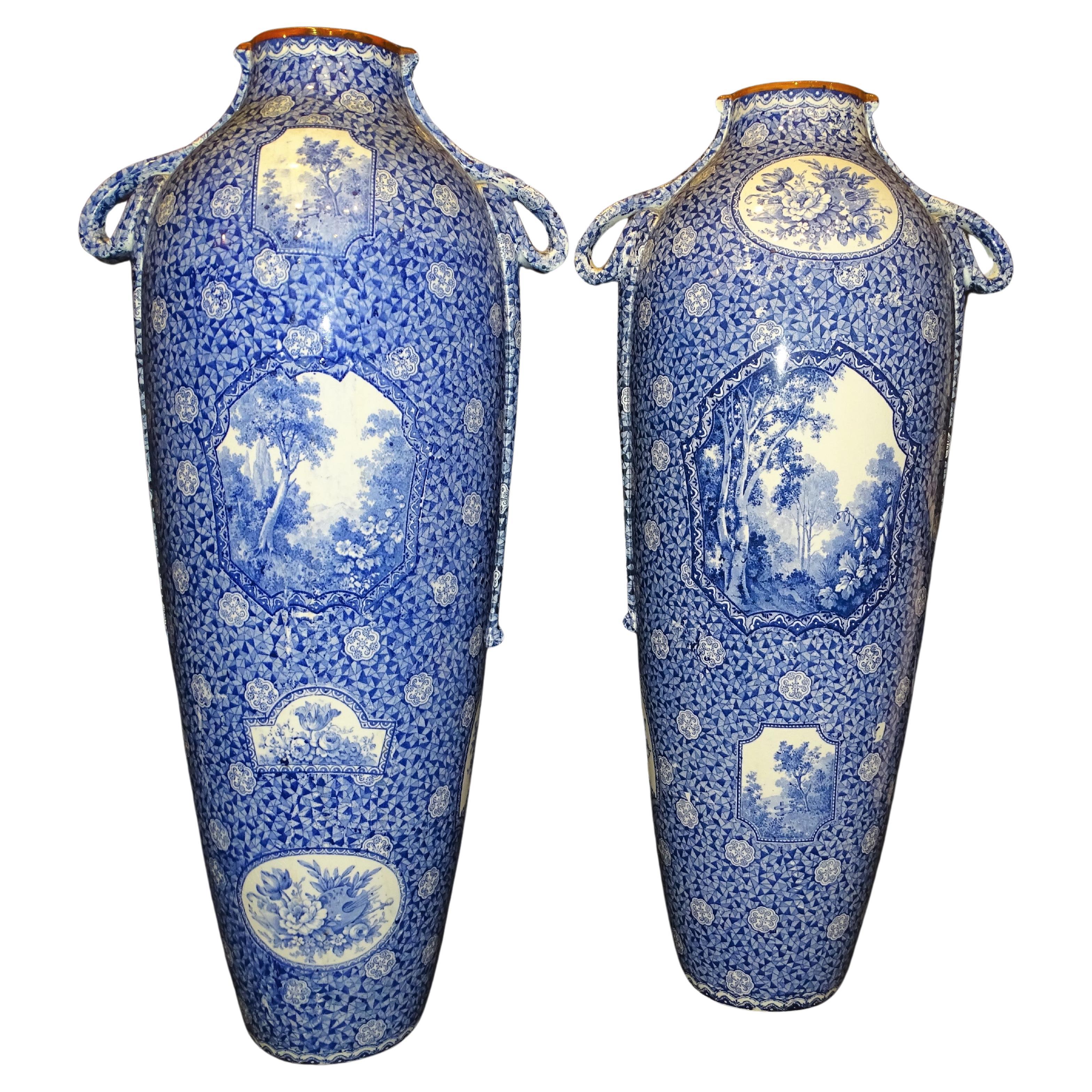 Pair of Royal Bon Ceramic Bluewhite Vases, by Fran Anton Mehlem