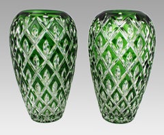 Pair of Royal Brierley Green Overlay Cut Crystal Vases