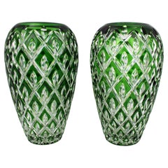 Pair of Royal Brierley Green Overlay Cut Crystal Vases