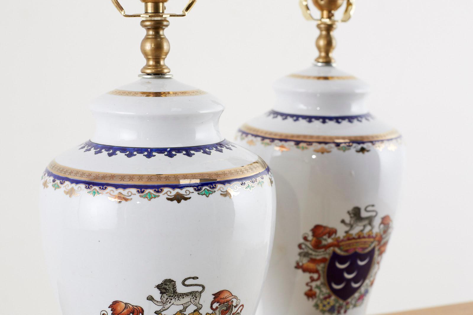 Pair of Royal Coat of Arms Porcelain Jar Table Lamps 3