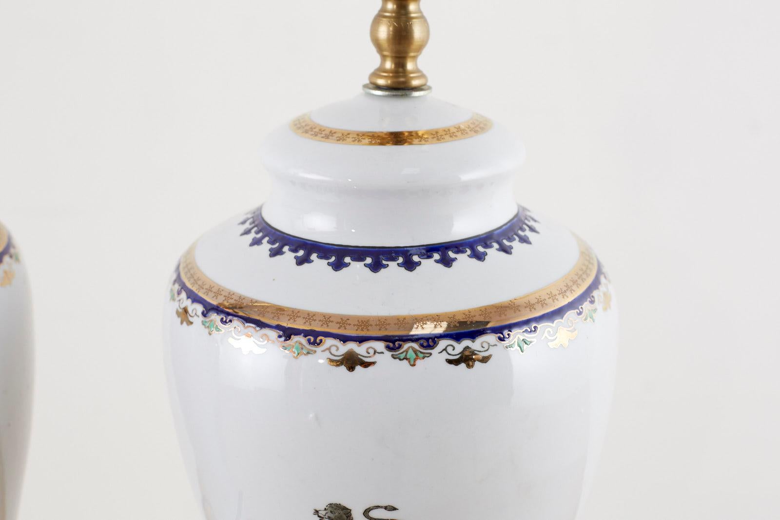 English Pair of Royal Coat of Arms Porcelain Jar Table Lamps
