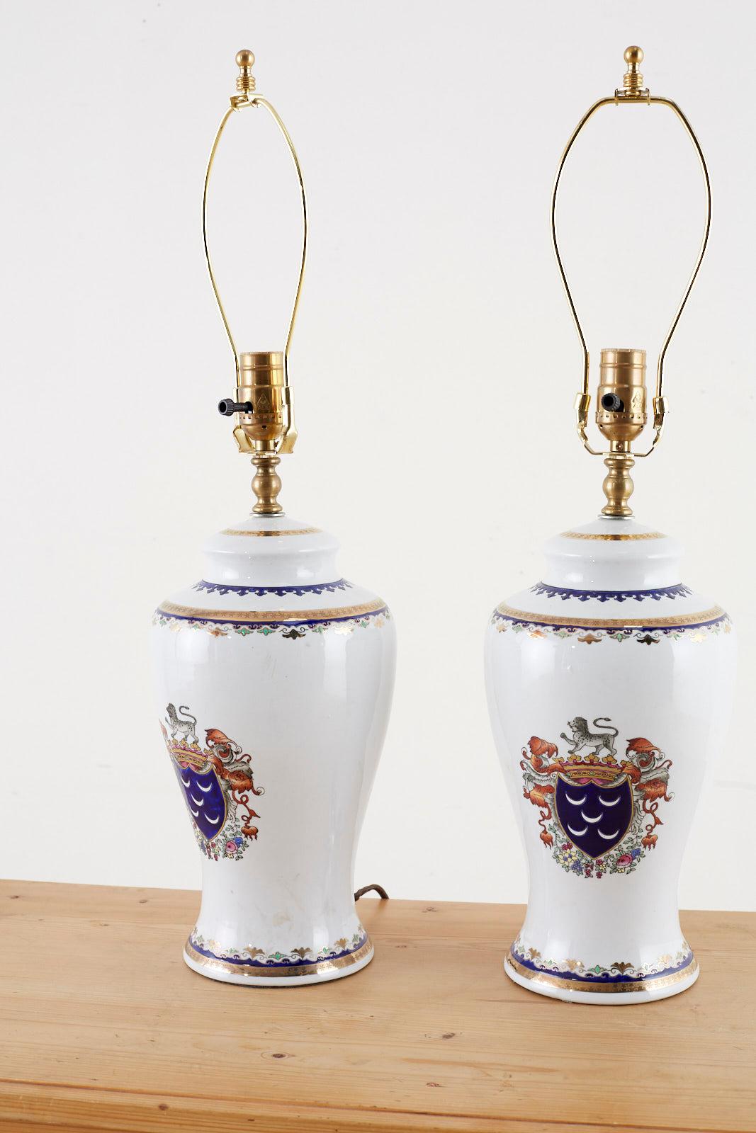 20th Century Pair of Royal Coat of Arms Porcelain Jar Table Lamps
