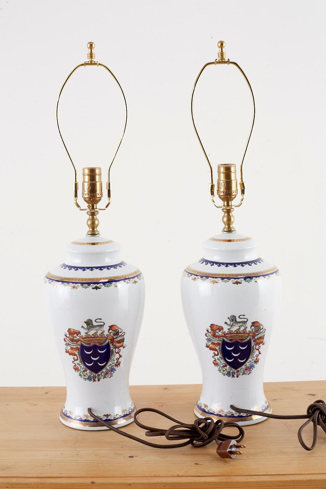 Brass Pair of Royal Coat of Arms Porcelain Jar Table Lamps