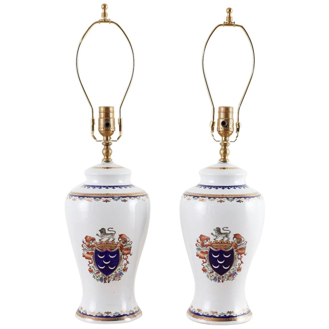 Pair of Royal Coat of Arms Porcelain Jar Table Lamps