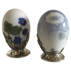 Pair of Royal Copenhagen Art Nouveau Eggs with a. Michelsen Sterling Silver