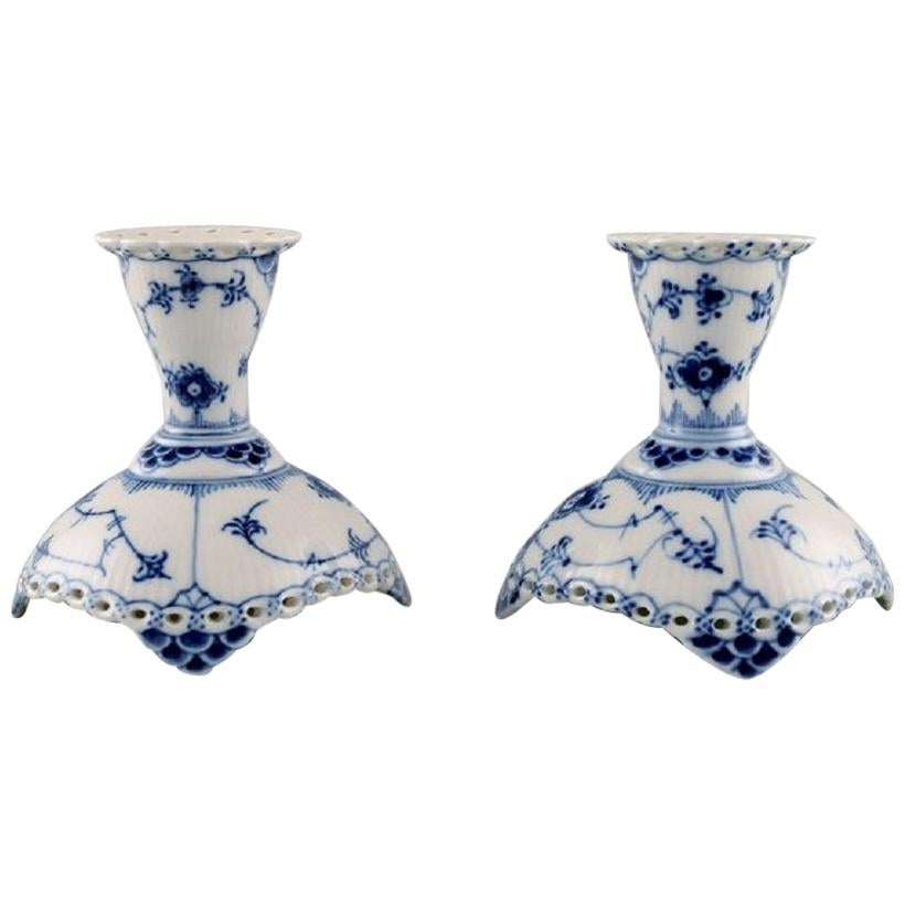 Pair of Royal Copenhagen Blue Fluted Full Lace Candleholders in Porcelain