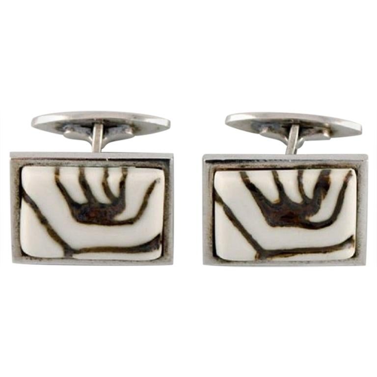 Pair of Royal Copenhagen Cufflinks in Sterling Silver and Porcelain, 1960s-1970s For Sale