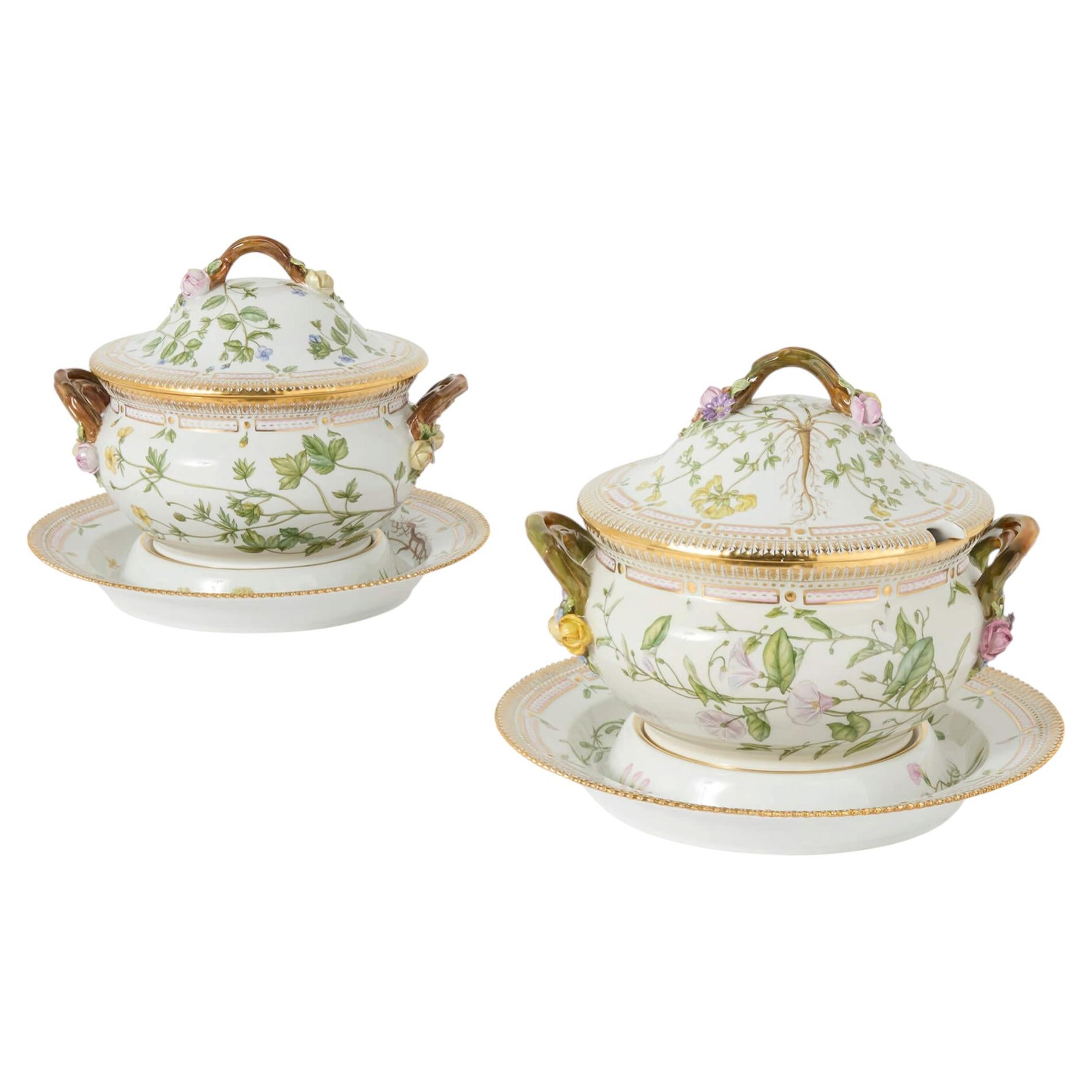 Pair of Royal Copenhagen 'Flora Danica' Porcelain Tureens with Stands