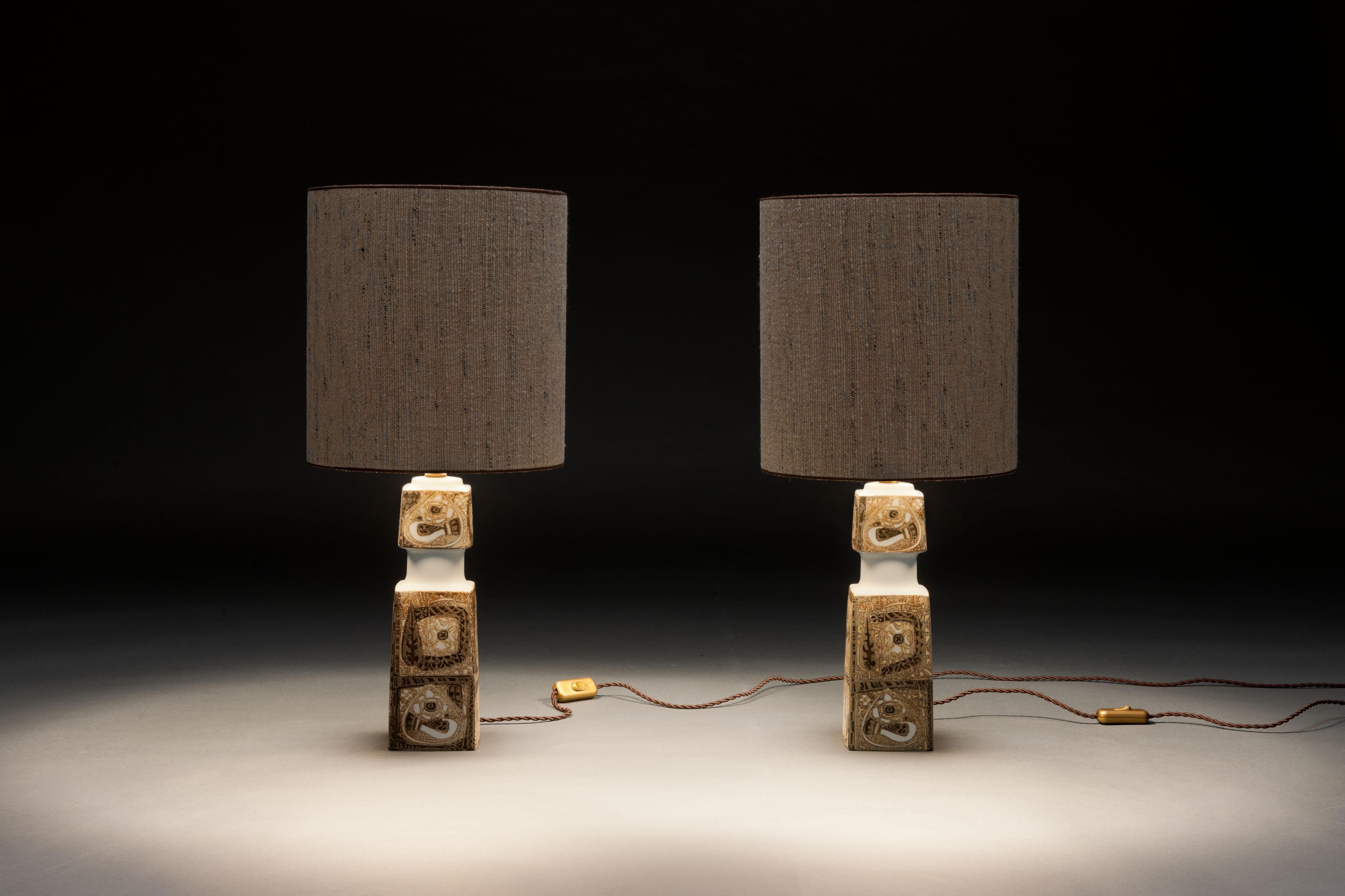 Scandinavian Modern Pair of Royal Copenhagen Nils Thorssen 'Baca' Table Lamps, Custom Shades