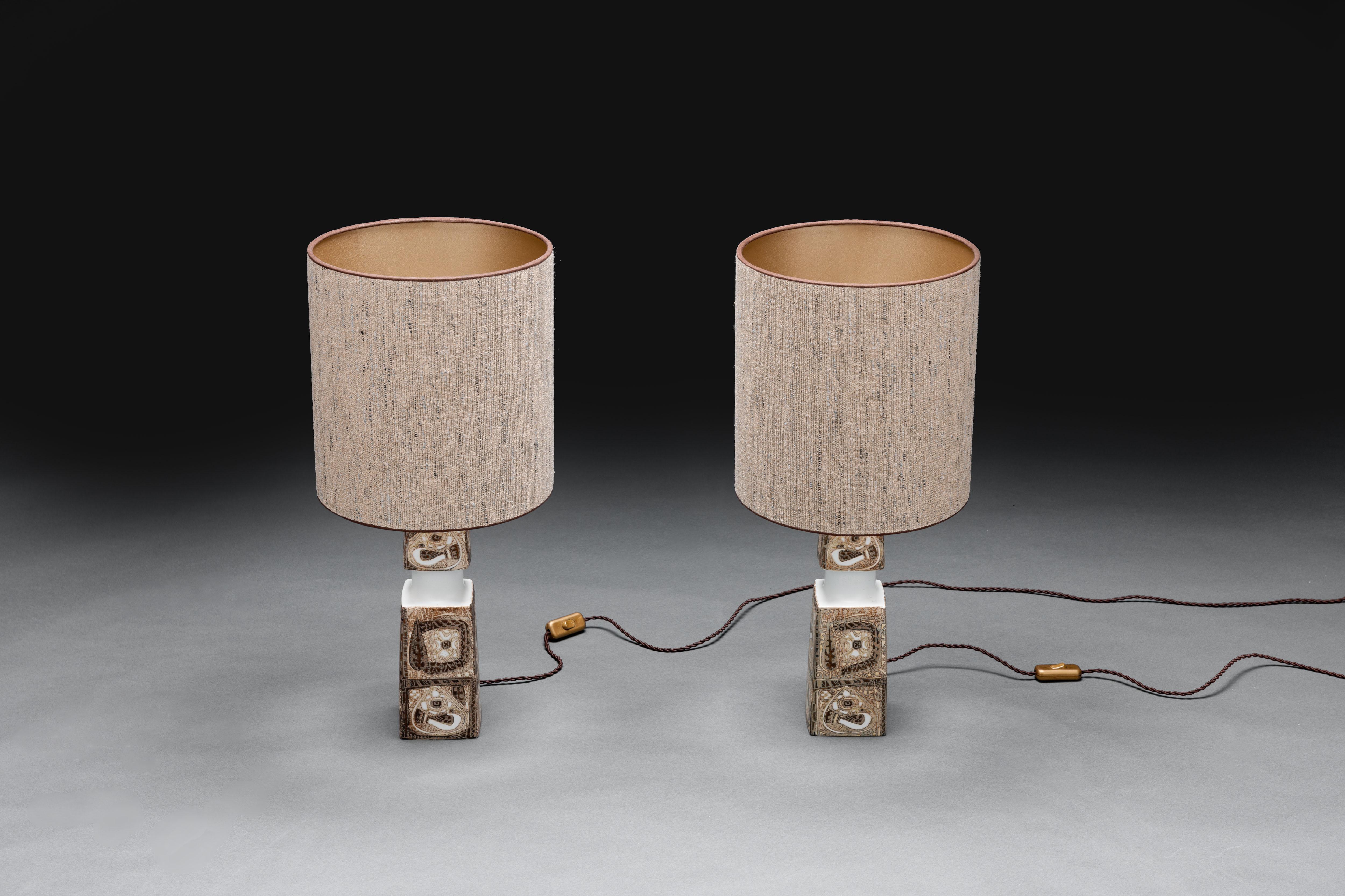 Danish Pair of Royal Copenhagen Nils Thorssen 'Baca' Table Lamps, Custom Shades