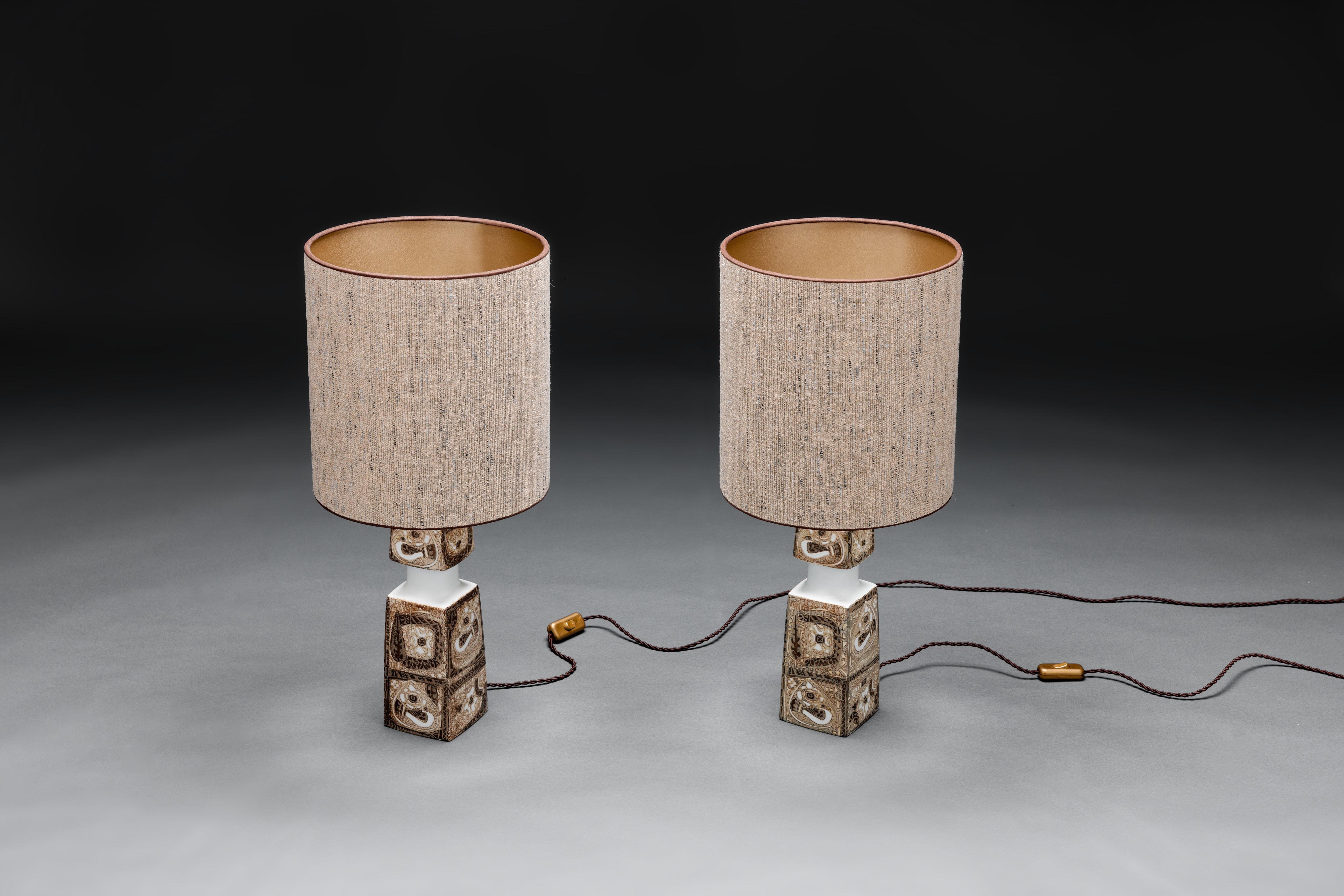 Pair of Royal Copenhagen Nils Thorssen 'Baca' Table Lamps, Custom Shades In Excellent Condition In Utrecht, NL