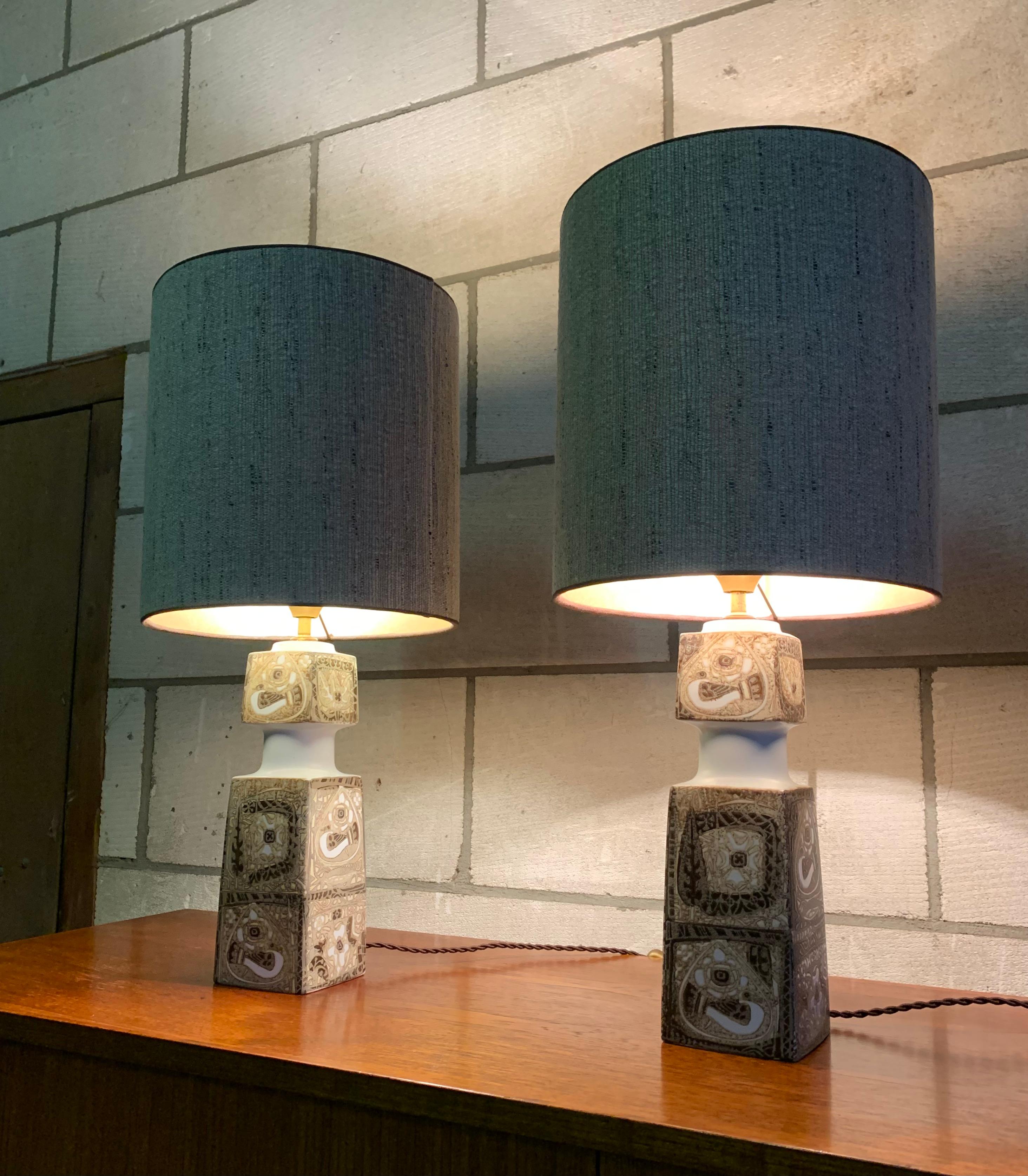 Mid-20th Century Pair of Royal Copenhagen Nils Thorssen 'Baca' Table Lamps, Custom Shades