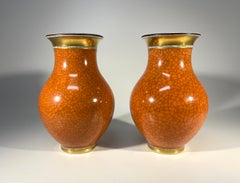 Pair Of Royal Copenhagen Terracotta Crackle Glazed Vases, Gilded Banding  #2736