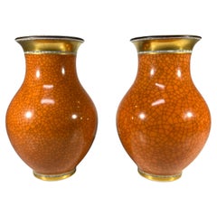 Pair Of Royal Copenhagen Terracotta Crackle Glazed Vases, Gilded Banding  #2736