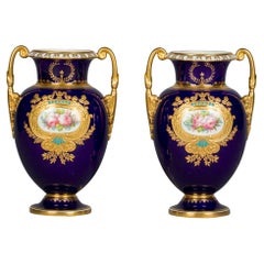 Antique Pair of Royal Crown Derby Cobalt Blue Vases, Dated 1913