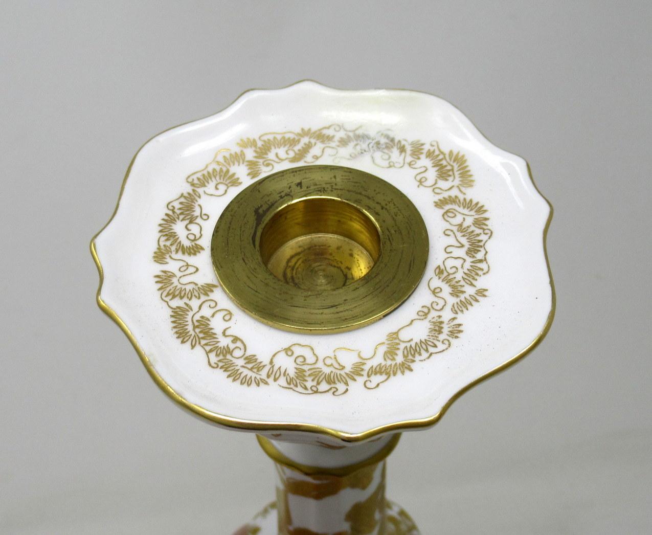 English Pair of Royal Crown Derby Cream Gold Alves Pattern Porcelain Candlesticks