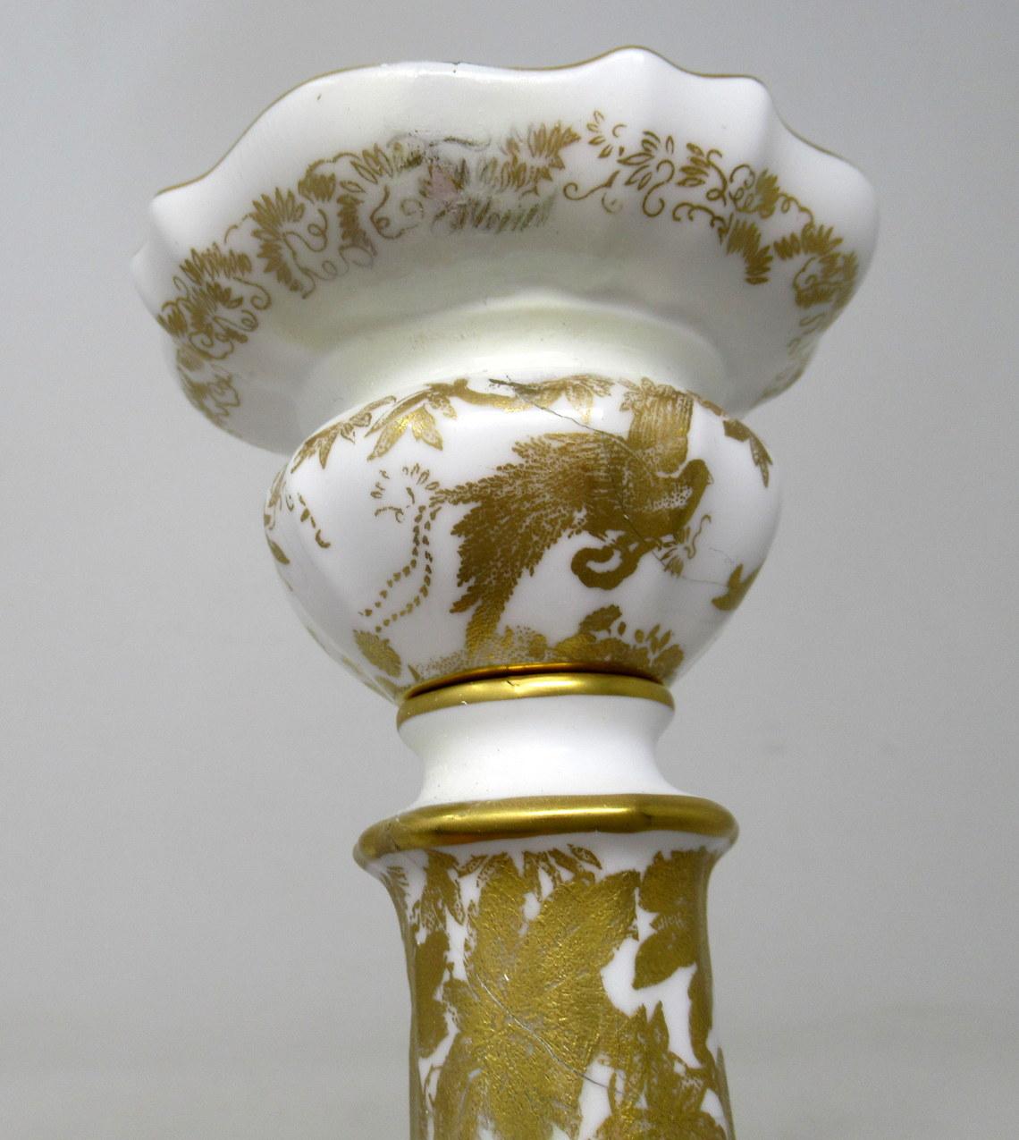 Pair of Royal Crown Derby Cream Gold Alves Pattern Porcelain Candlesticks In Good Condition In Dublin, Ireland