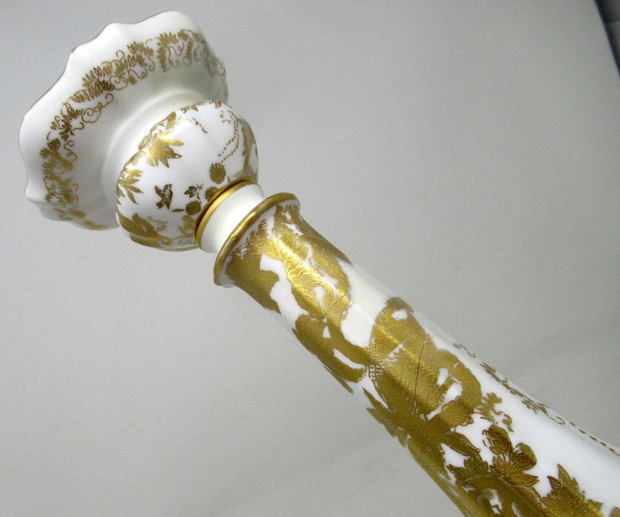 20th Century Pair of Royal Crown Derby Cream Gold Alves Pattern Porcelain Candlesticks