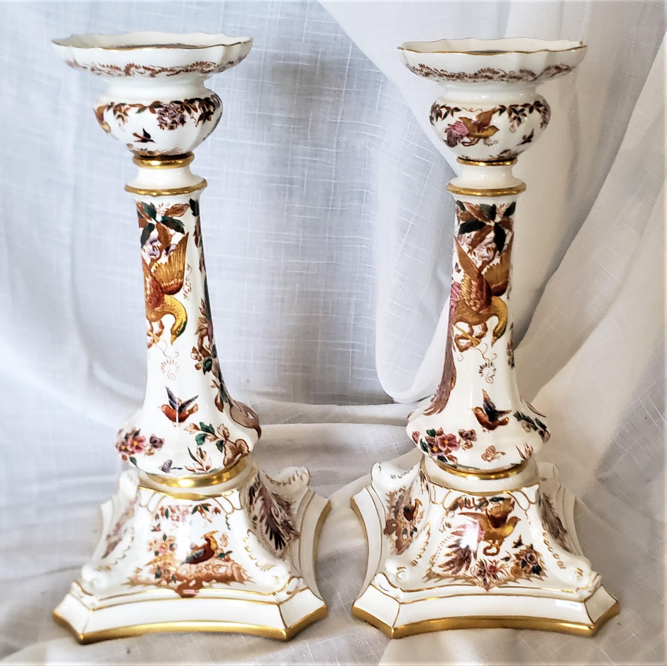High Victorian Pair of Royal Crown Derby Olde Avesbury Pattern Candlesticks & 8 Dinner Plates For Sale