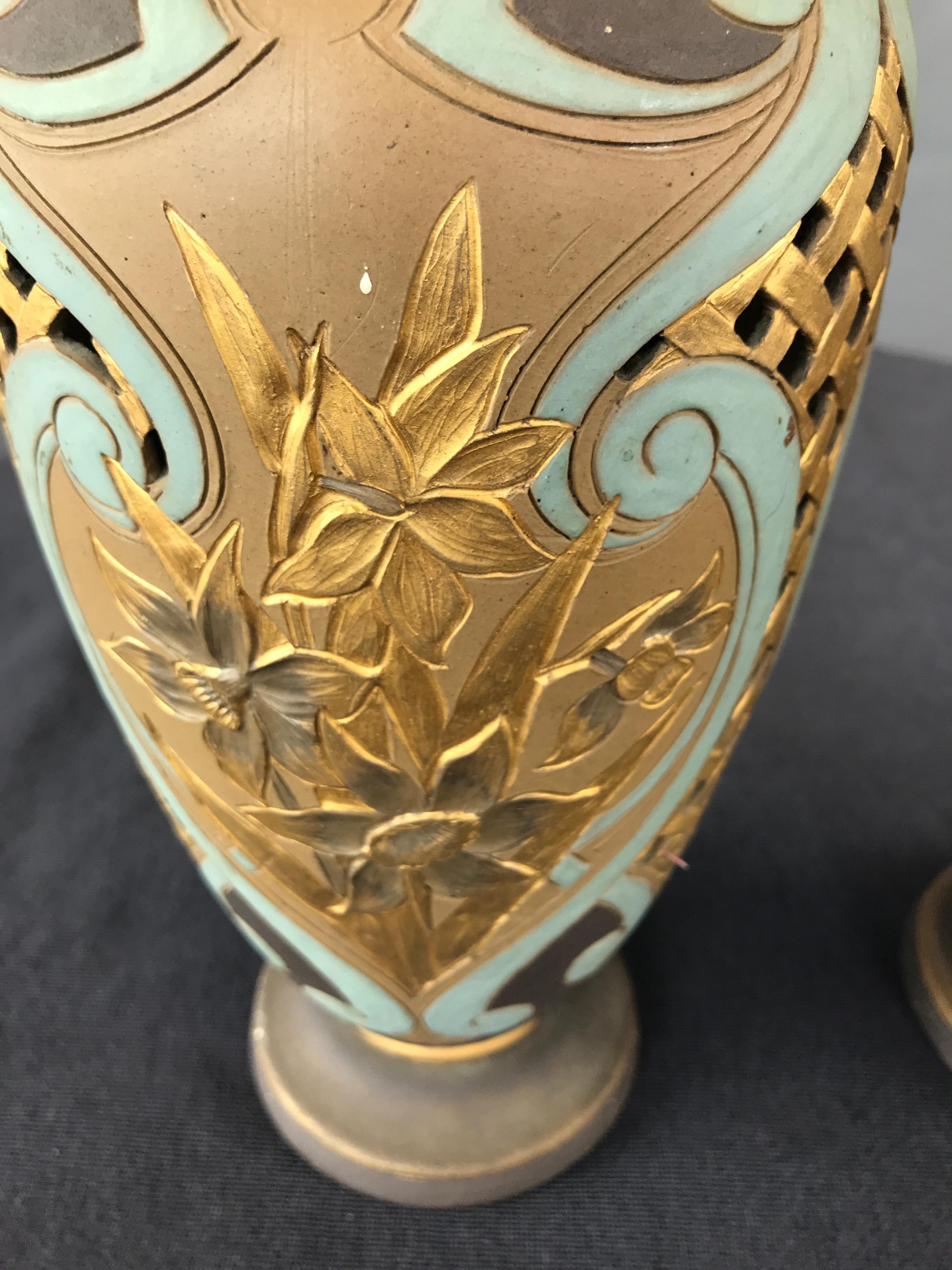 Late 19th Century Pair of Royal Daulton Lambeth Silicon Ware Vases