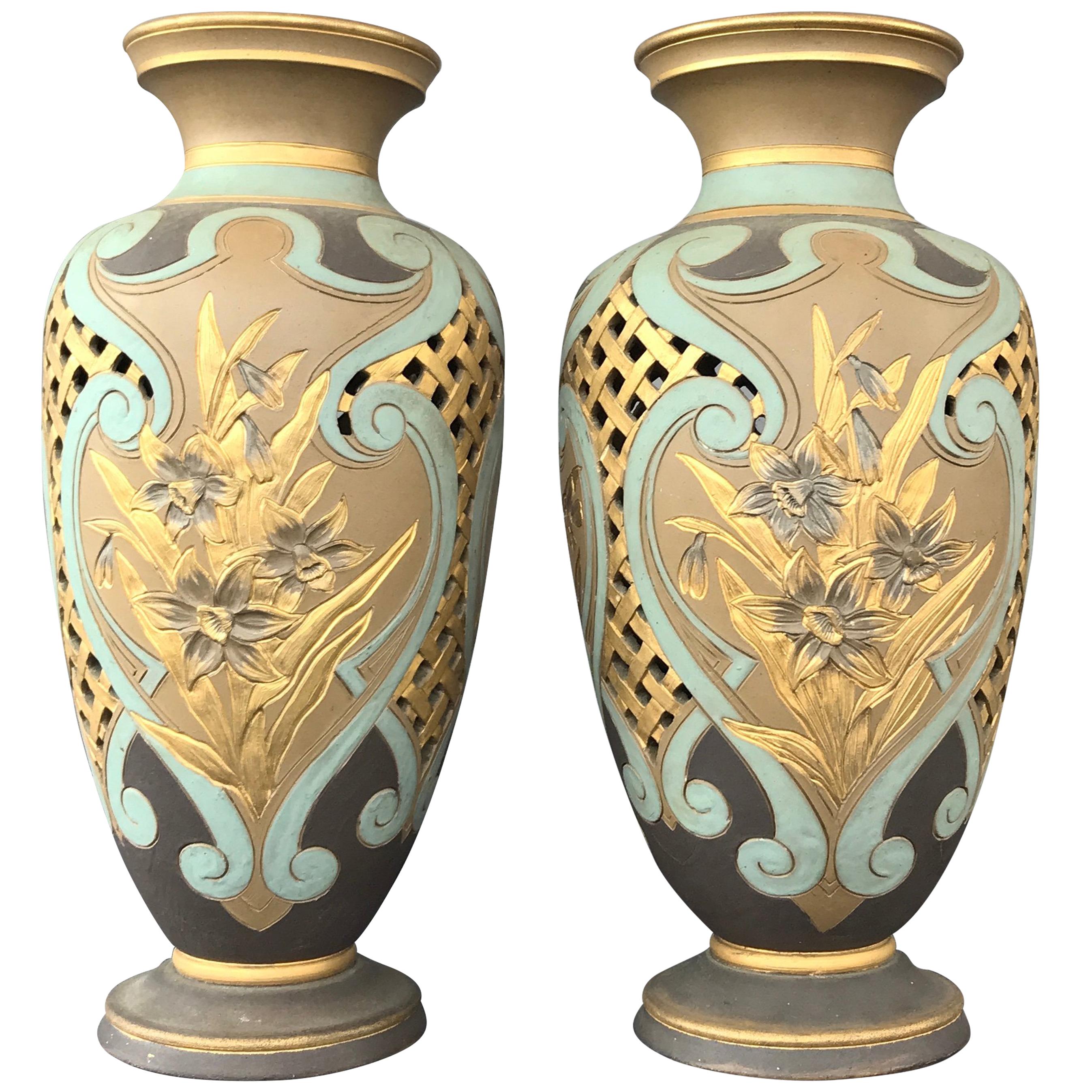 Pair of Royal Daulton Lambeth Silicon Ware Vases