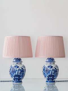 Pair of Royal Delft Blue & White Hand-Painted Floral Ginger Jar Table Lamps